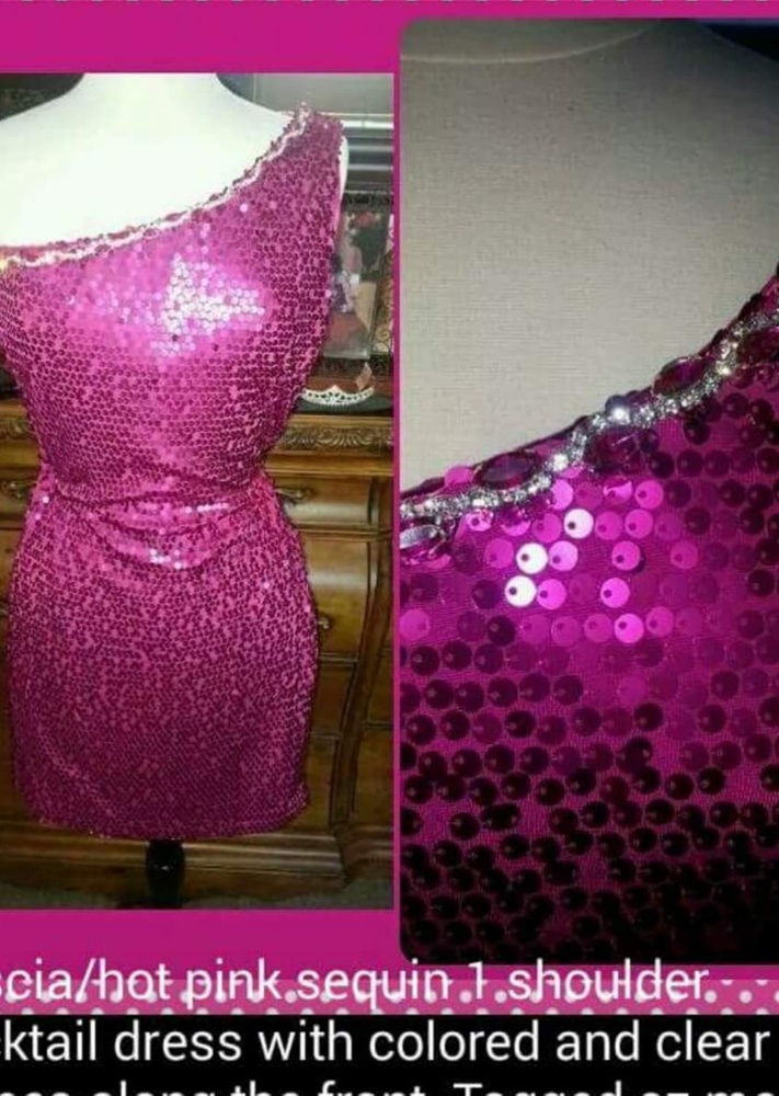AUW  hot pink one shoulder matte sequin cocktail